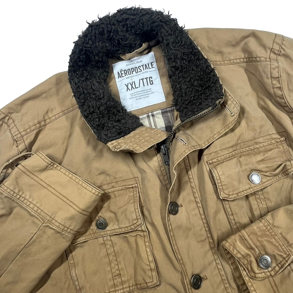 Aeropostale Field Jacket Mens XXL Khaki Tan Flannel Lined Utility *Flaw